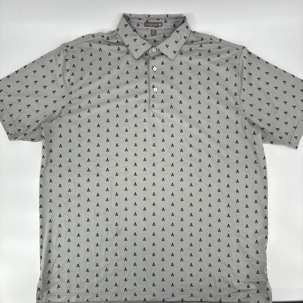 Peter Millar Summer Comfort Polo Shirt Men XL Gray Skull Crossbones Active Golf